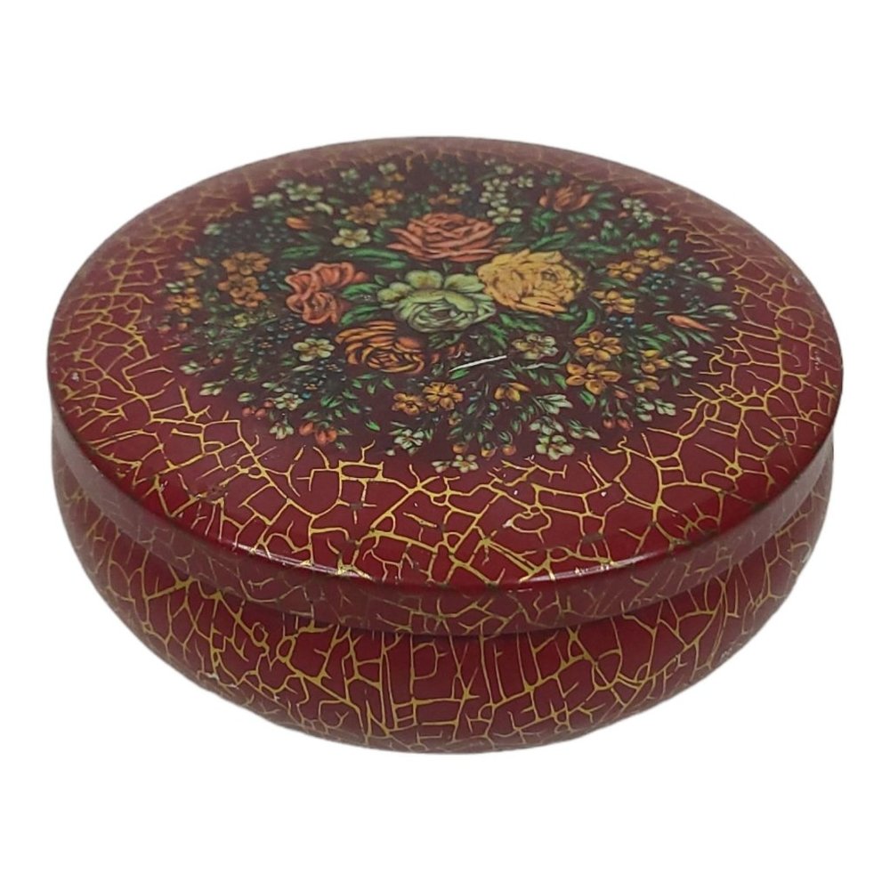 Vintage Daher Decorated Ware England Floral Round Tin Metal Container Red Gold
